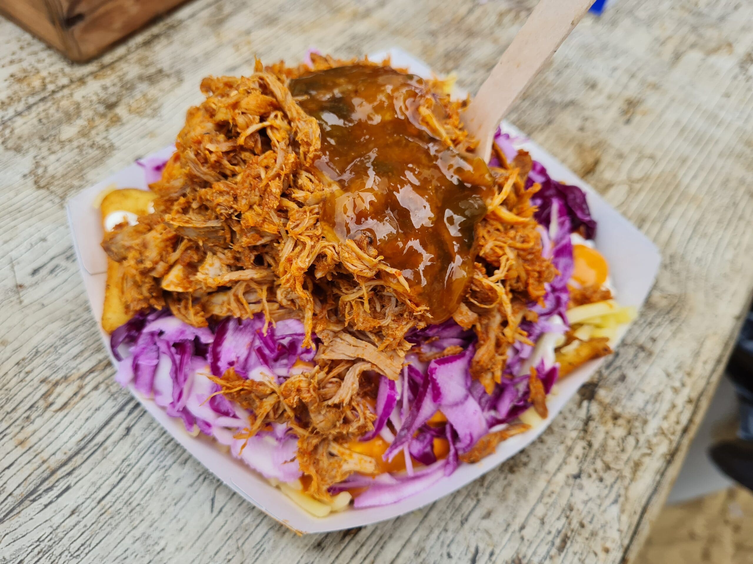 dirty fries with pulled pork and red slaw